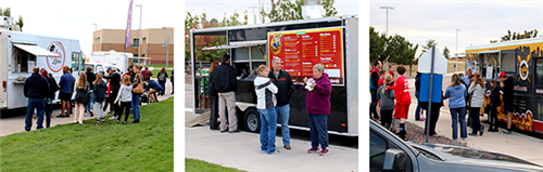 Three photos of people standing at food trucks